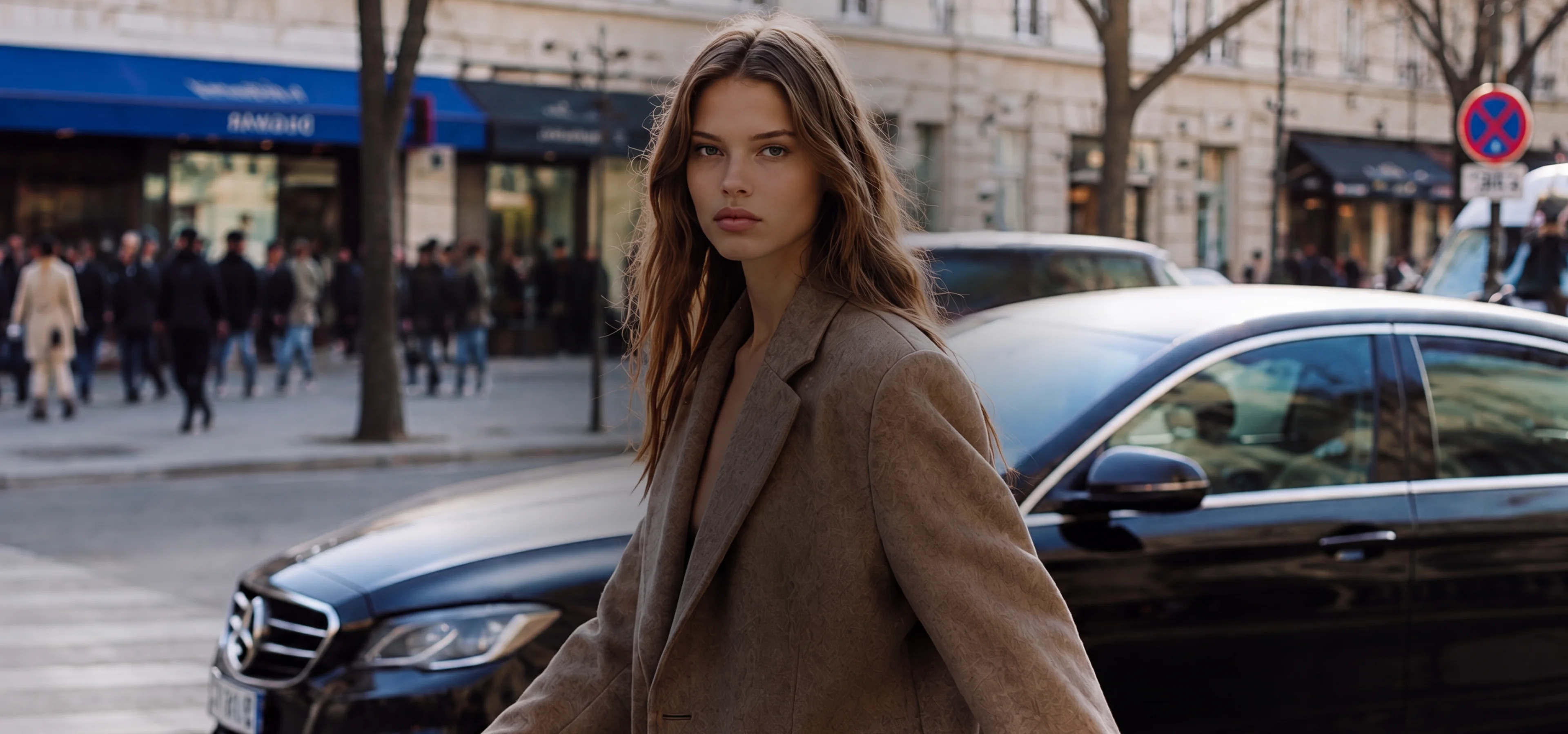 AI generated model in a brown coat on a city street