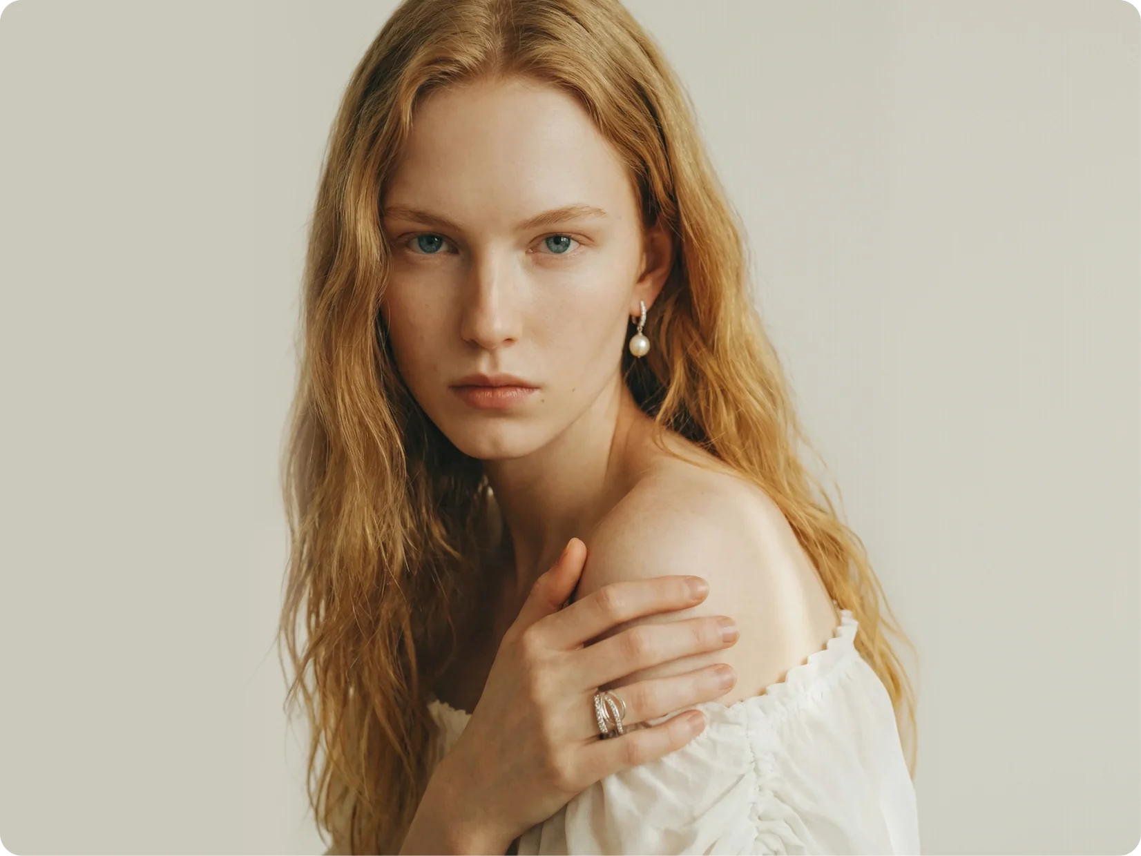 AI generated model with red hair in a cream knit