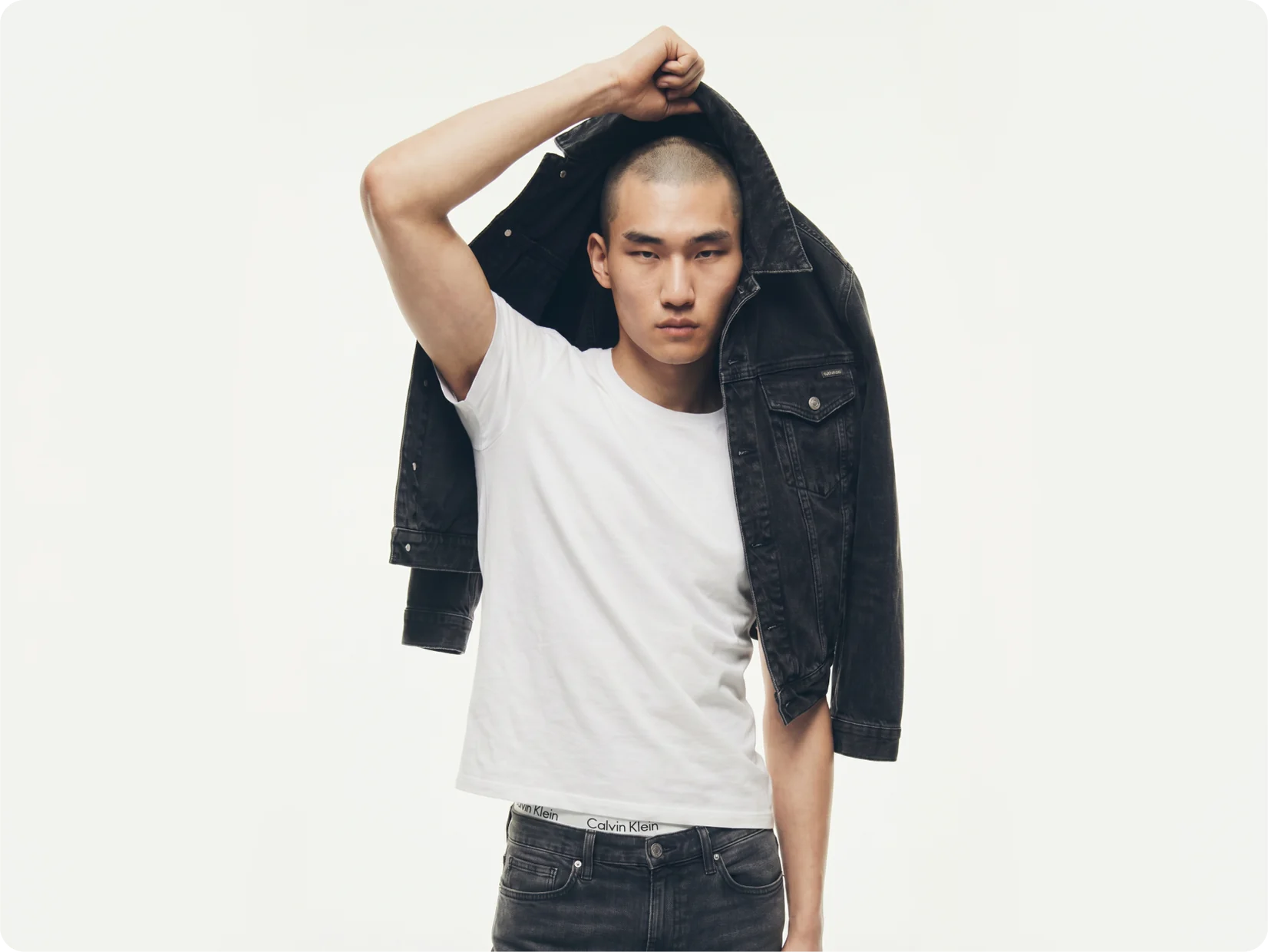 AI generated model in an open shirt and white tee