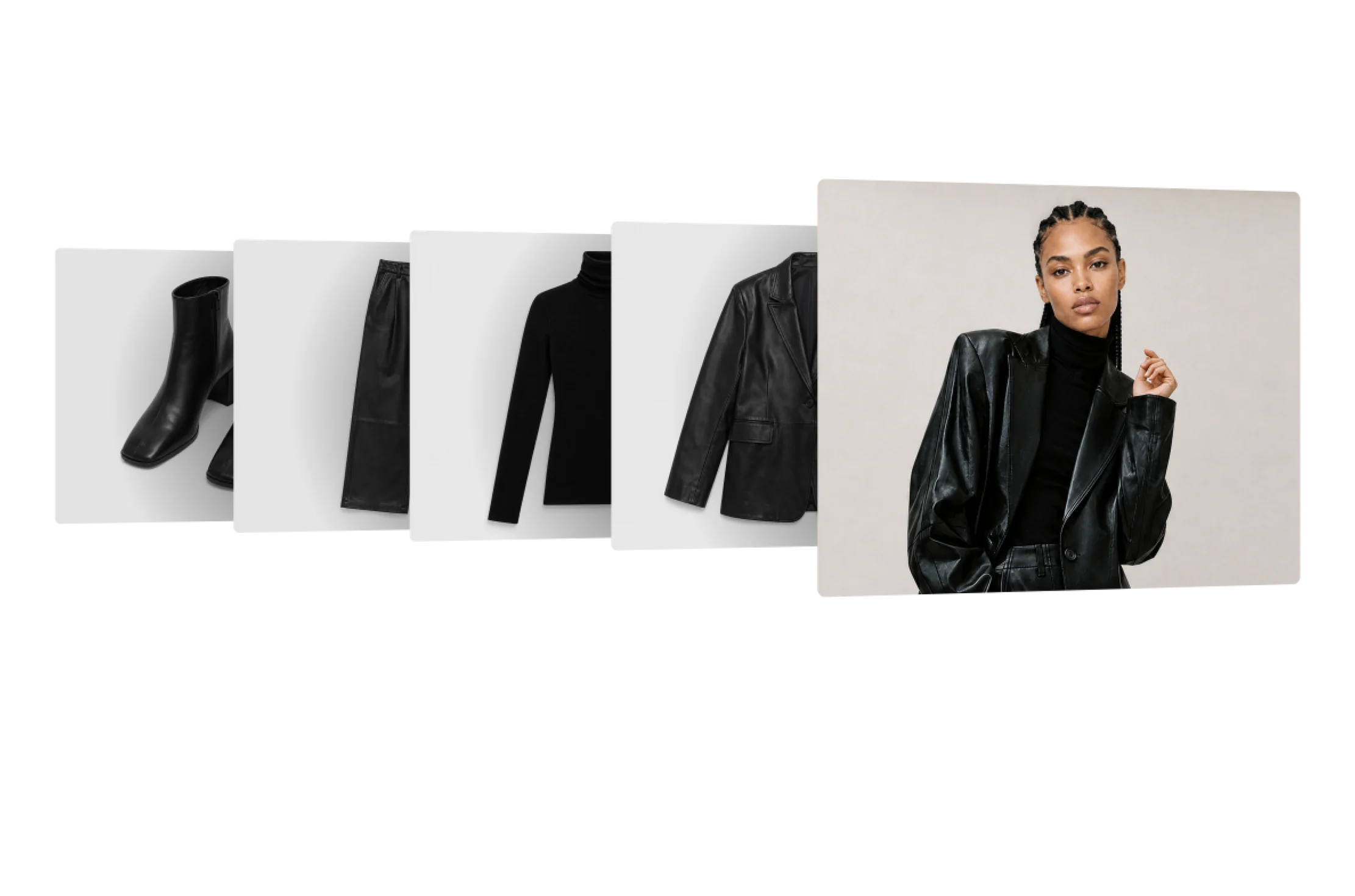 A row of product shots turning into an on-model photo