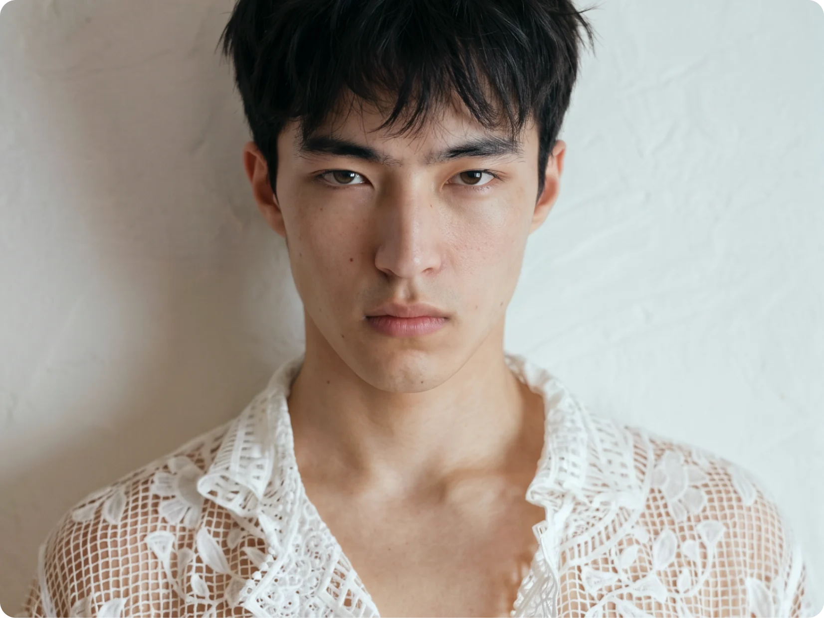 AI generated model in a white lace shirt