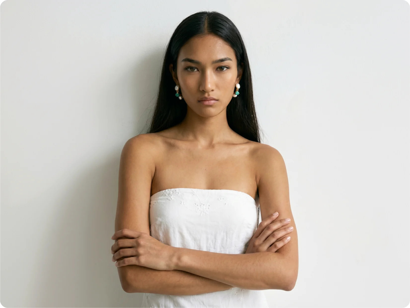 AI generated model in a white strapless dress
