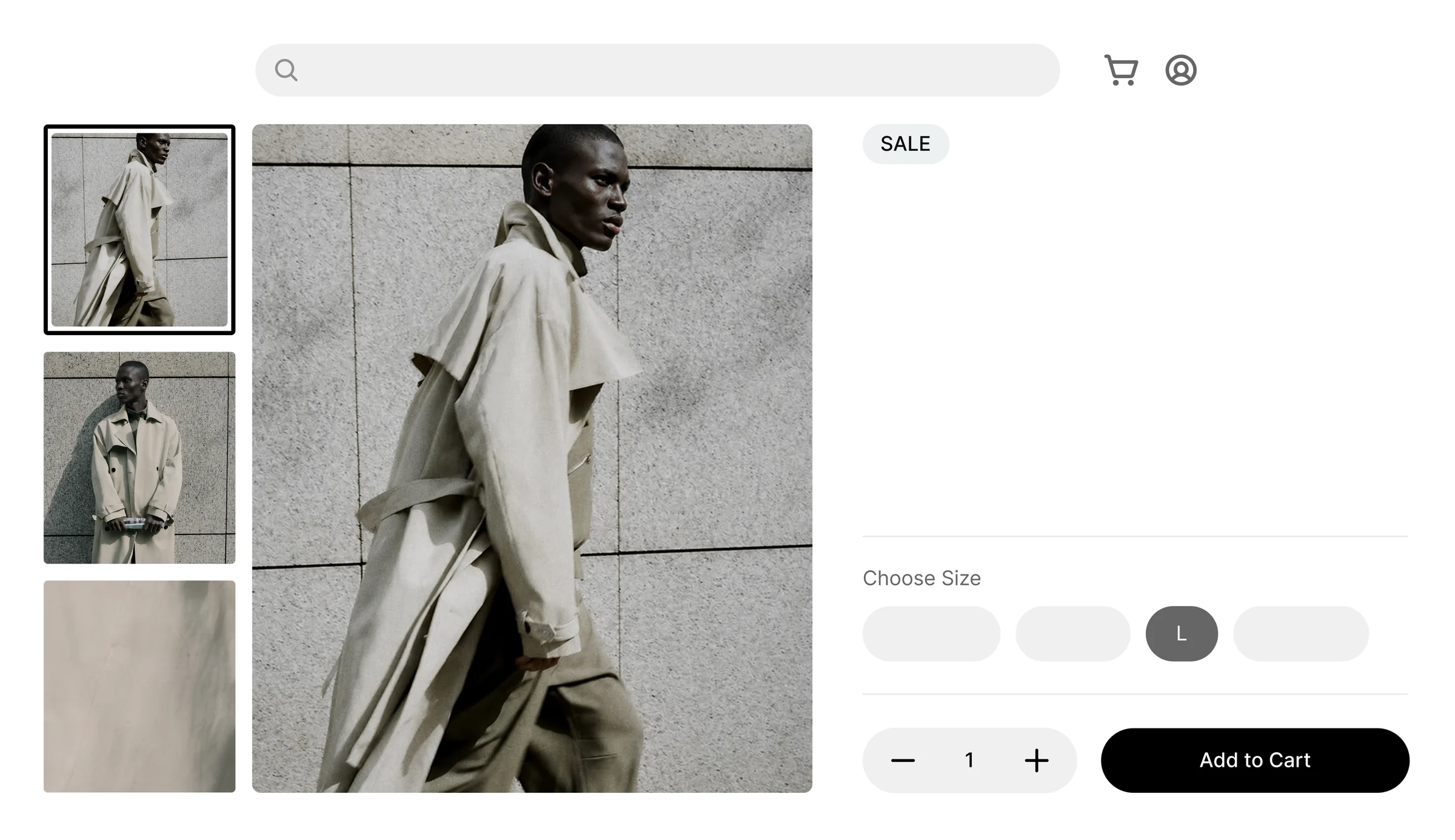 Product page mockup with an AI generated model in a trench coat