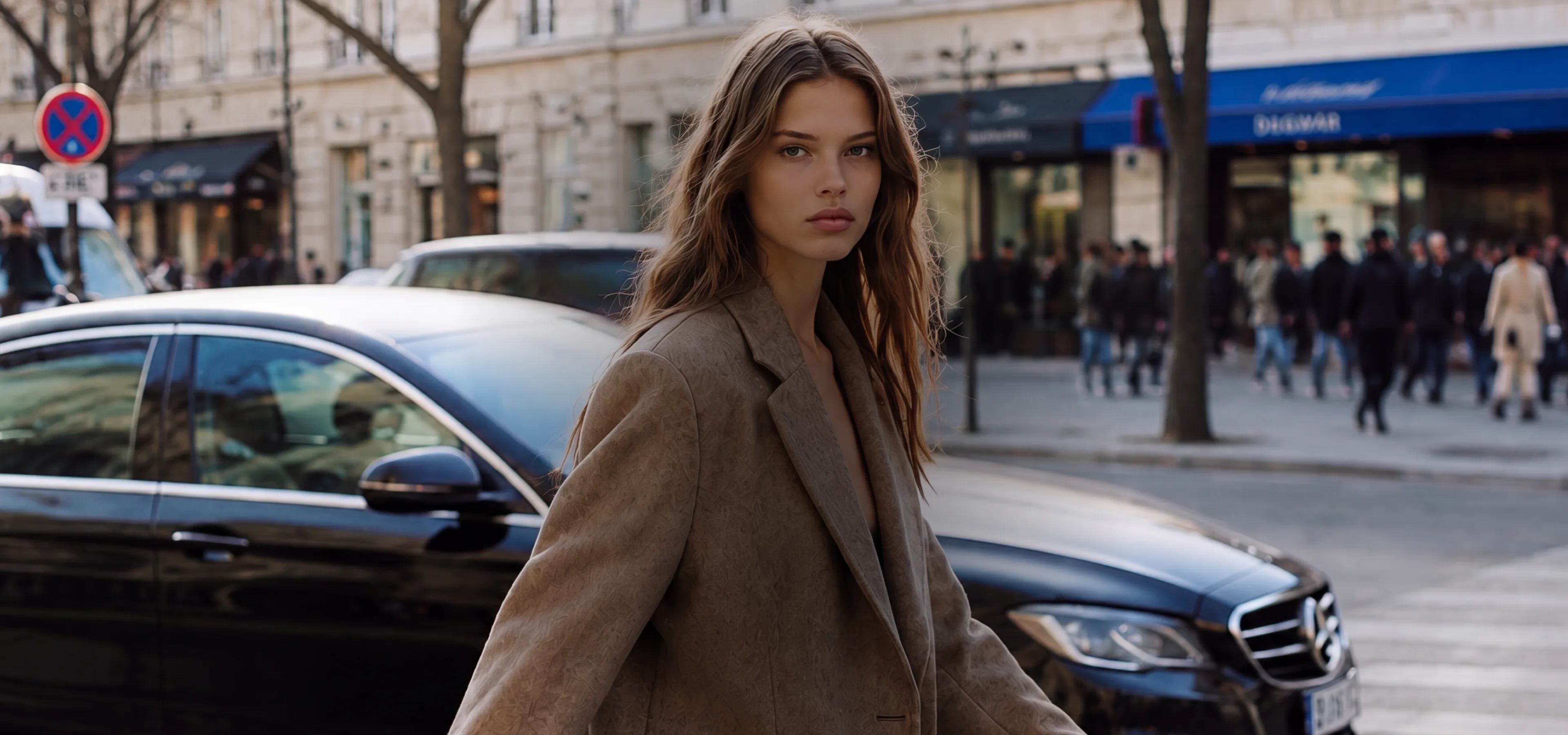 AI generated model in a brown coat on a city street