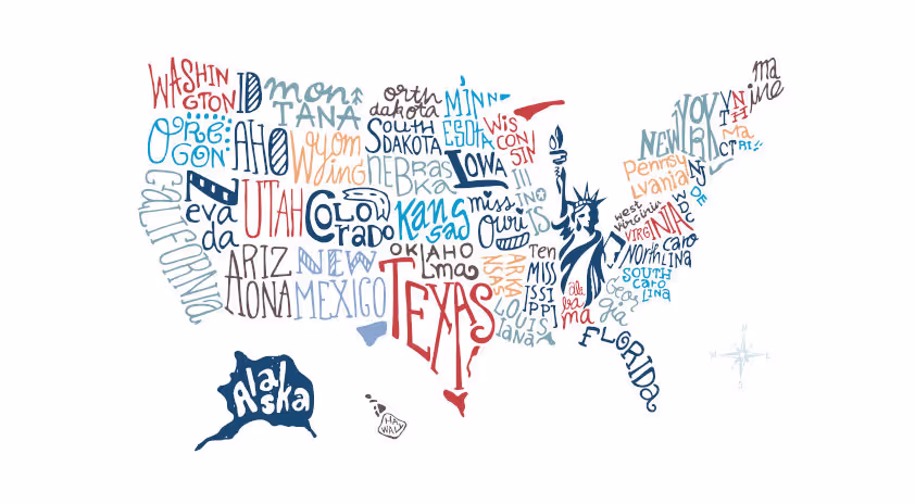 Artistic map of the USA with state names written in colorful, stylized typography