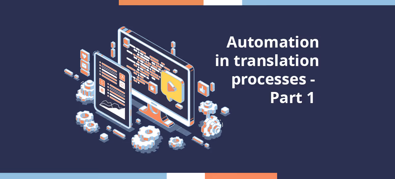 Illustration of computer and mobile device with gears representing automation in translation processes