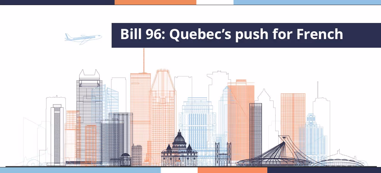 Stylized skyline of Quebec City with text about Bill 96 promoting French language