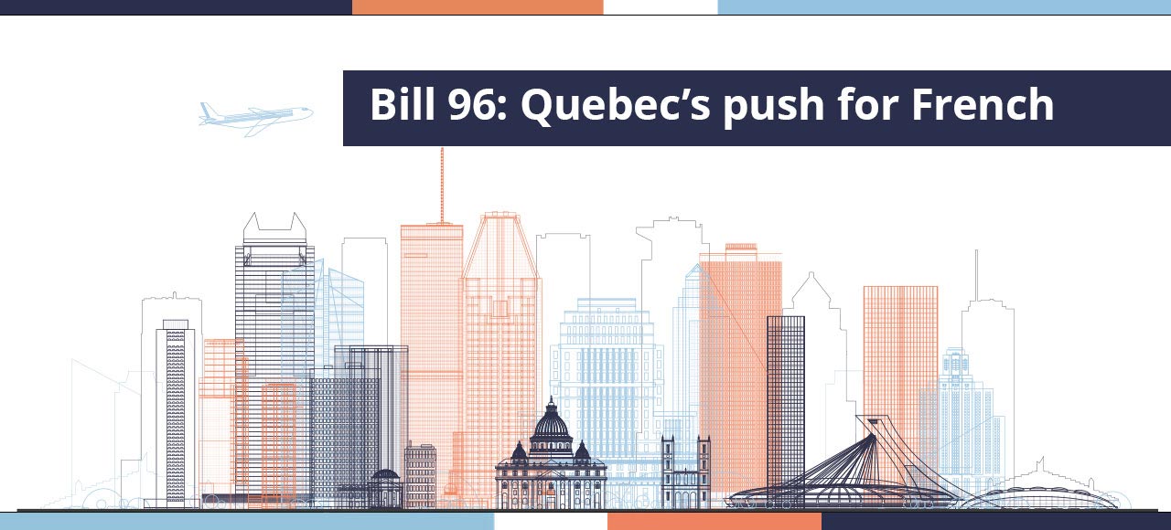 Stilisierte Skyline von Quebec mit Text zu Gesetz 96 zur Förderung der französischen Sprache