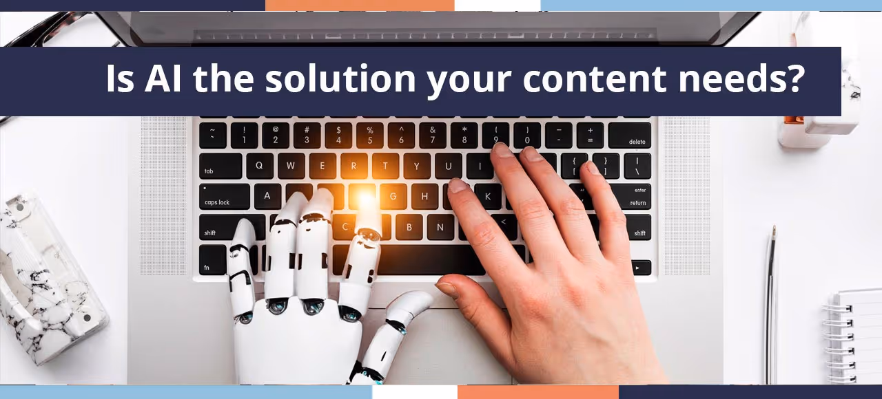 Human hand and robot hand typing together on a laptop keyboard with text "Is AI the solution your content needs?"