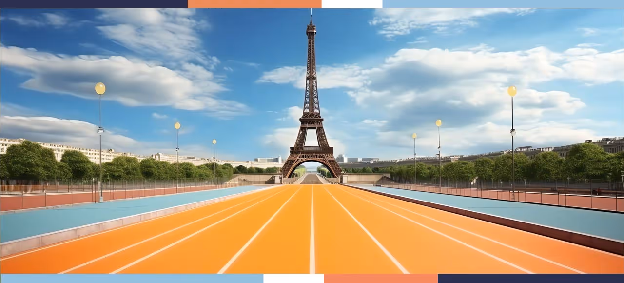 Orange running track leading to the Eiffel Tower under a partly cloudy sky