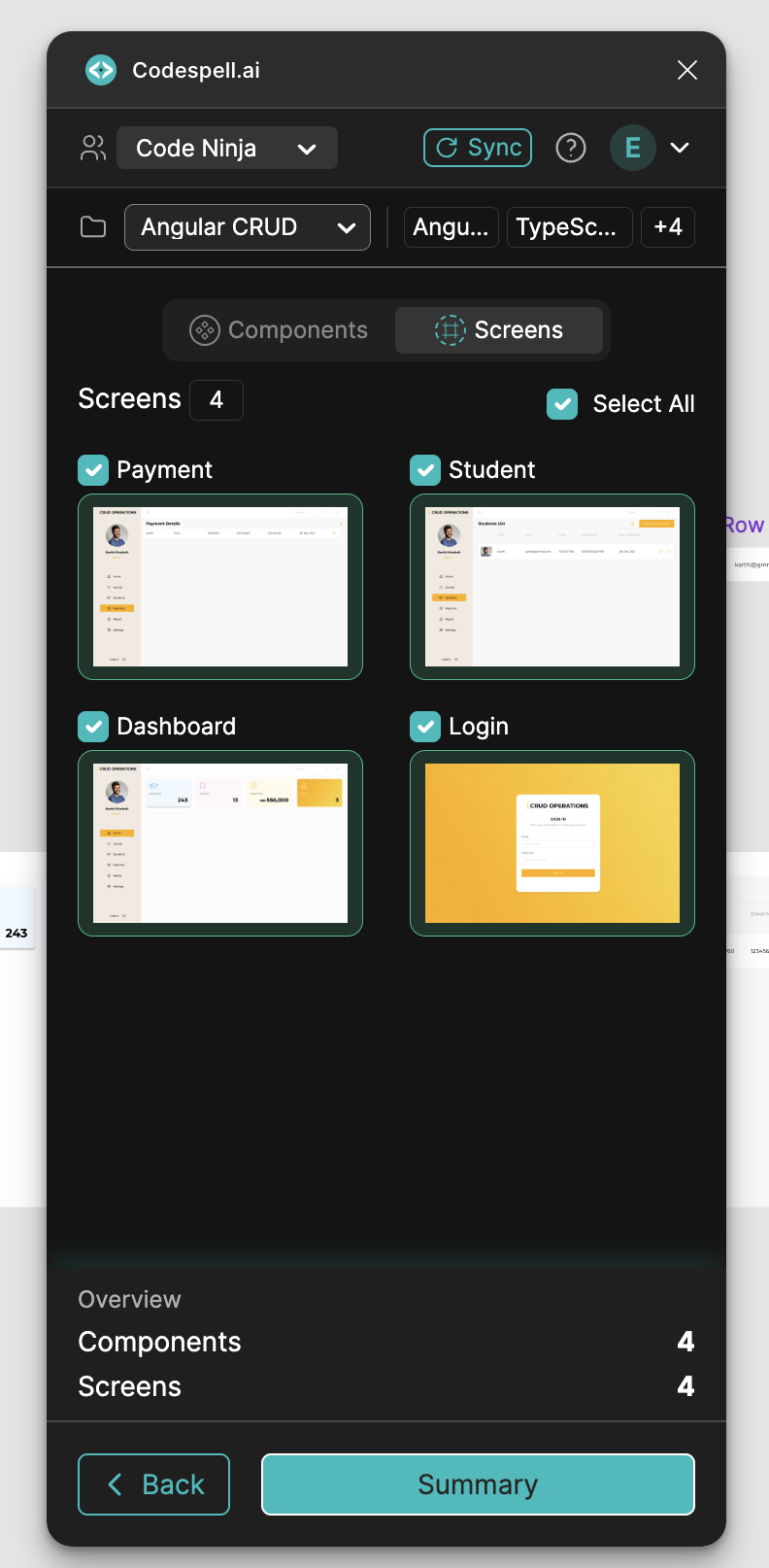 Selecting Screen and components