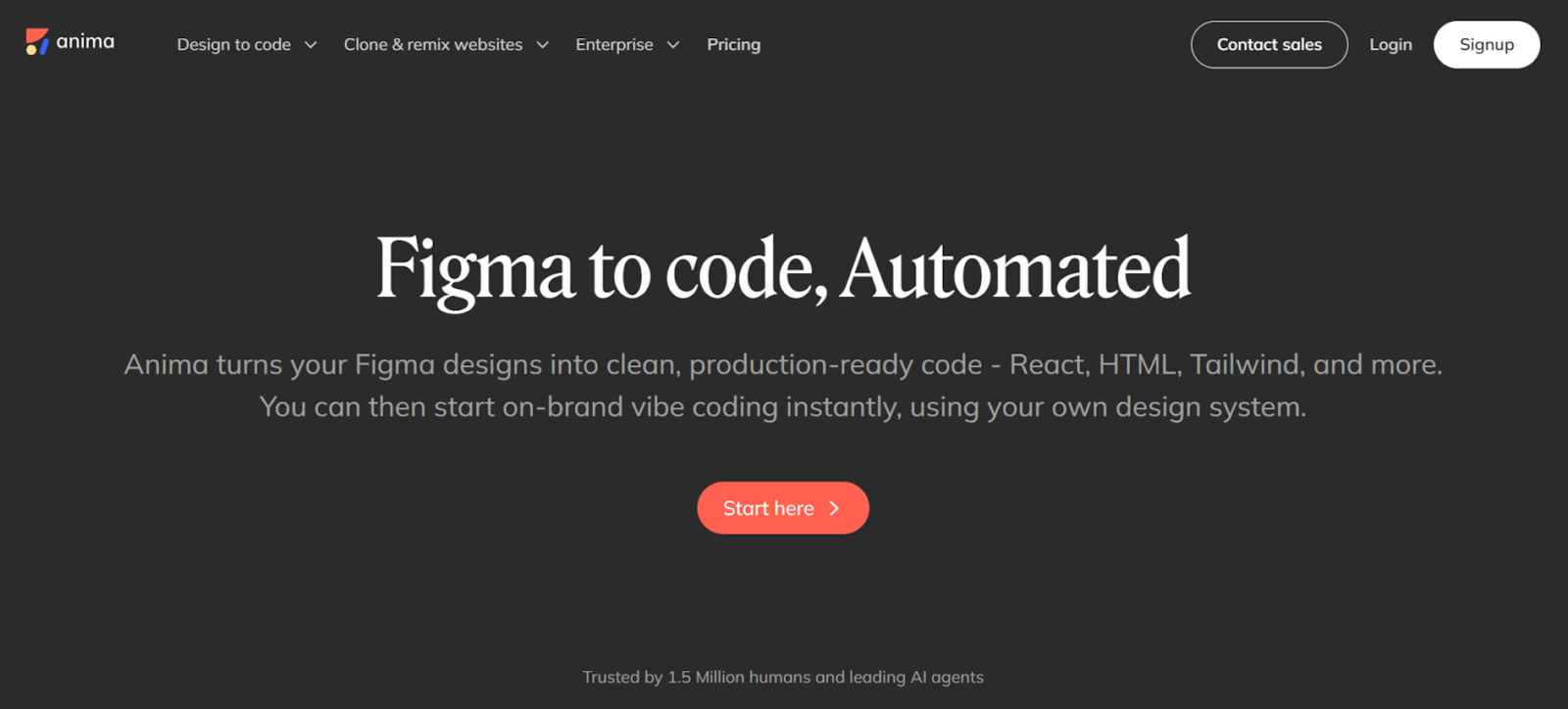 Screenshot of Anima homepage, a tool that turns Figma designs into production-ready code, automating coding efforts