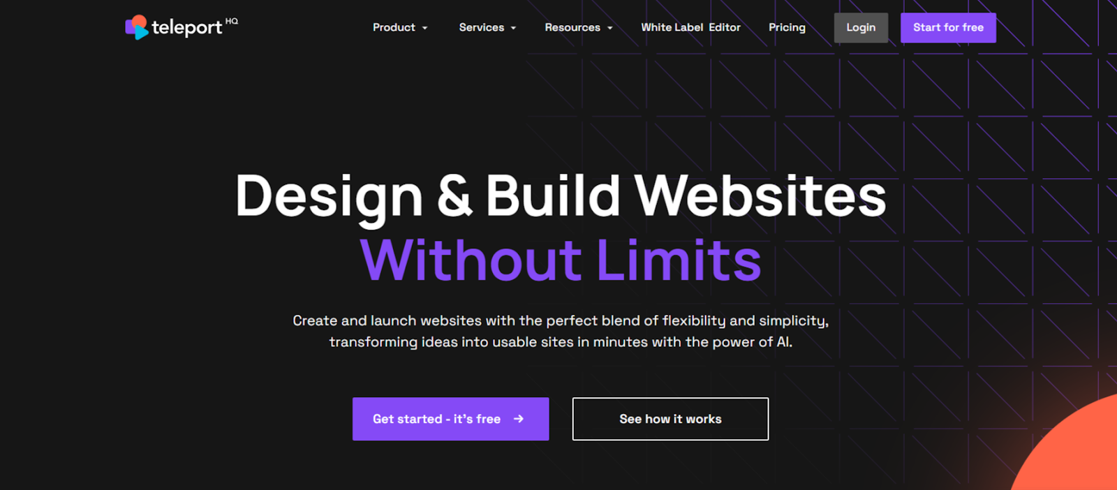 Screenshot of TeleportHQ homepage that helps design beautiful and fast-loading static websites completely for free.