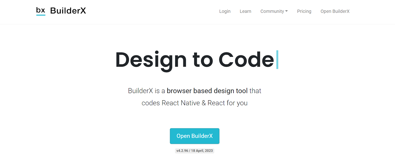Screenshot of BuilderX homepage, a browser-based design tool that creates readable and production-ready codes with React Native and React