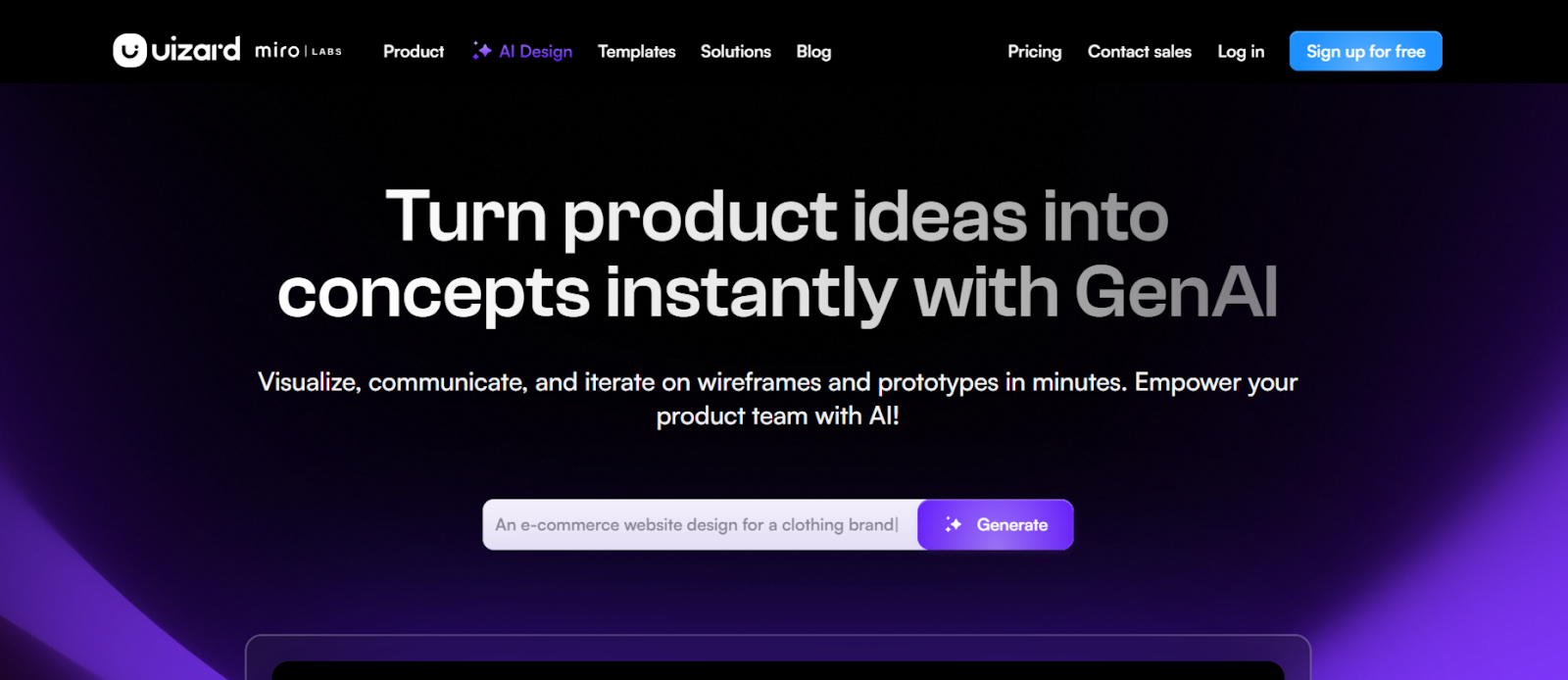 Screenshot of Uizard homepage that converts product ideas into concepts effortlessly