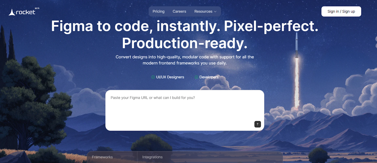 Screenshot of Rocket homepage that convert designs into modular code supporting all the modern frontend frameworks
