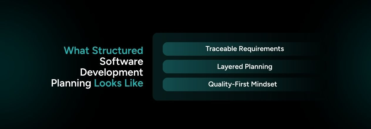 Structured software development planning with traceable requirements, layered planning, and a focus on building quality from the start.