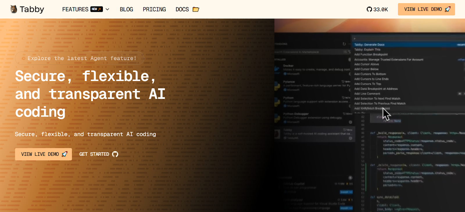 Tabby AI coding assistant offering secure, flexible, and transparent code generation for development teams.