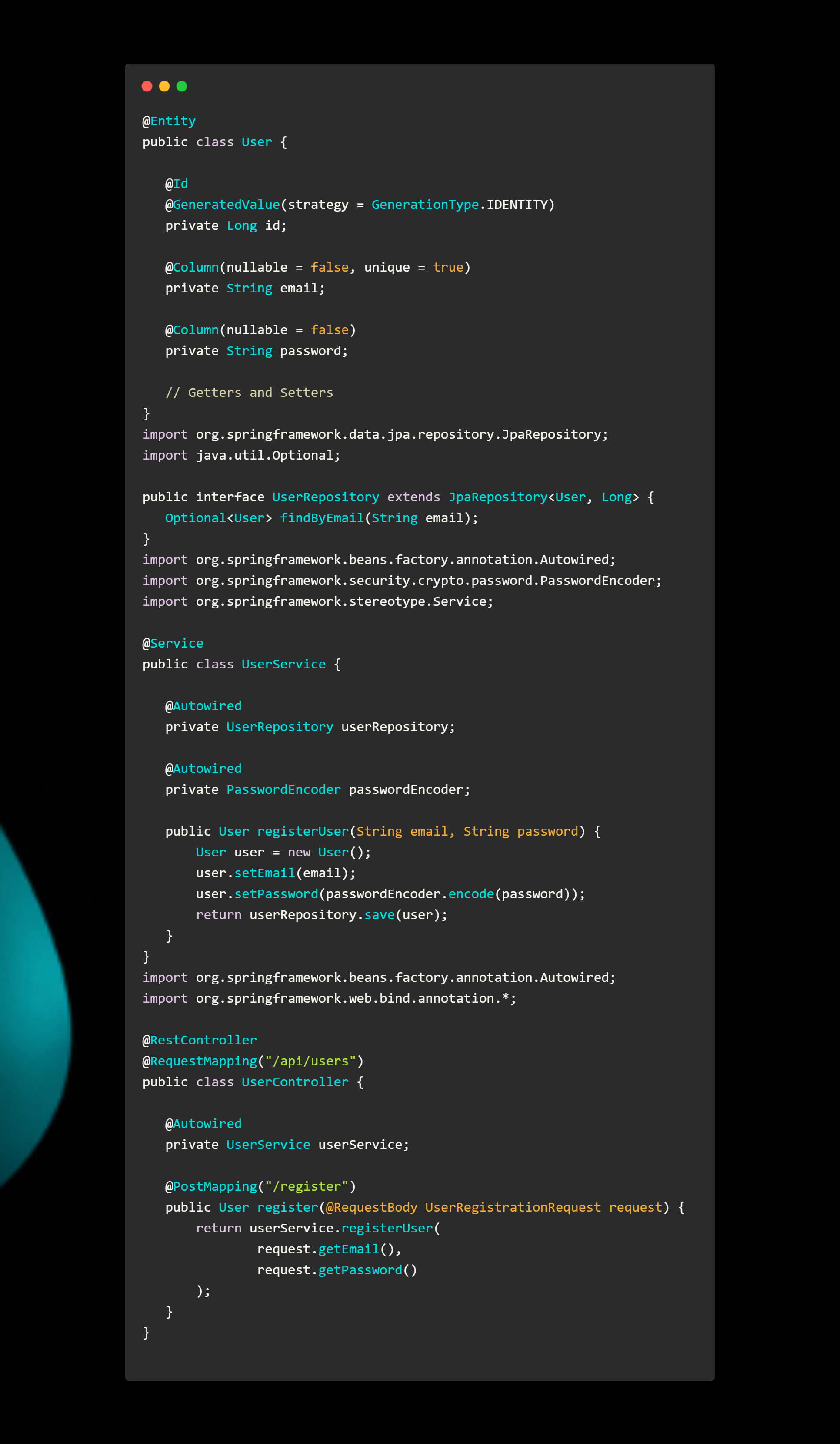 Spring Boot user registration example showing JPA entity, repository, service with password encryption, and REST controller for API endpoint