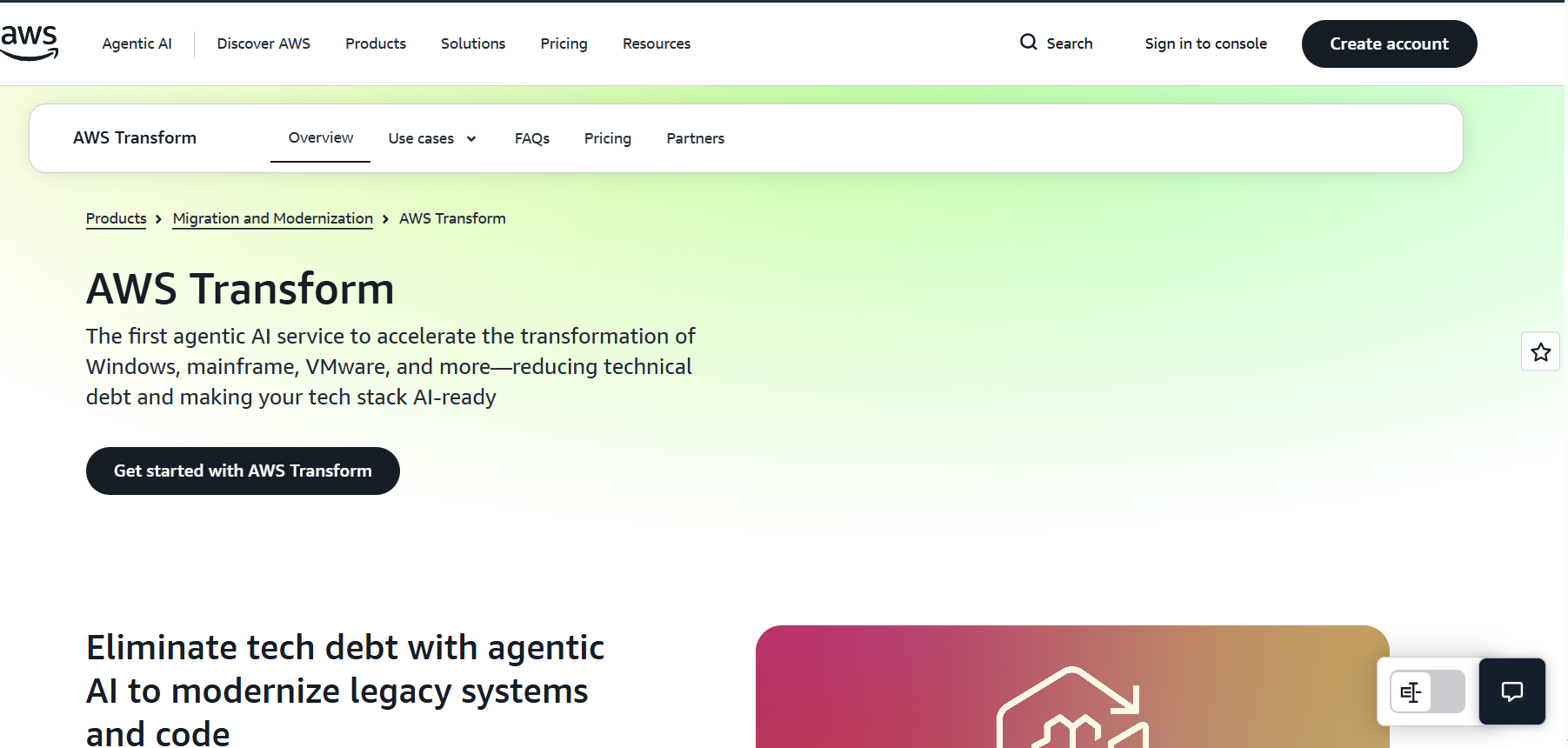 an image showing homepage of AWS Transform