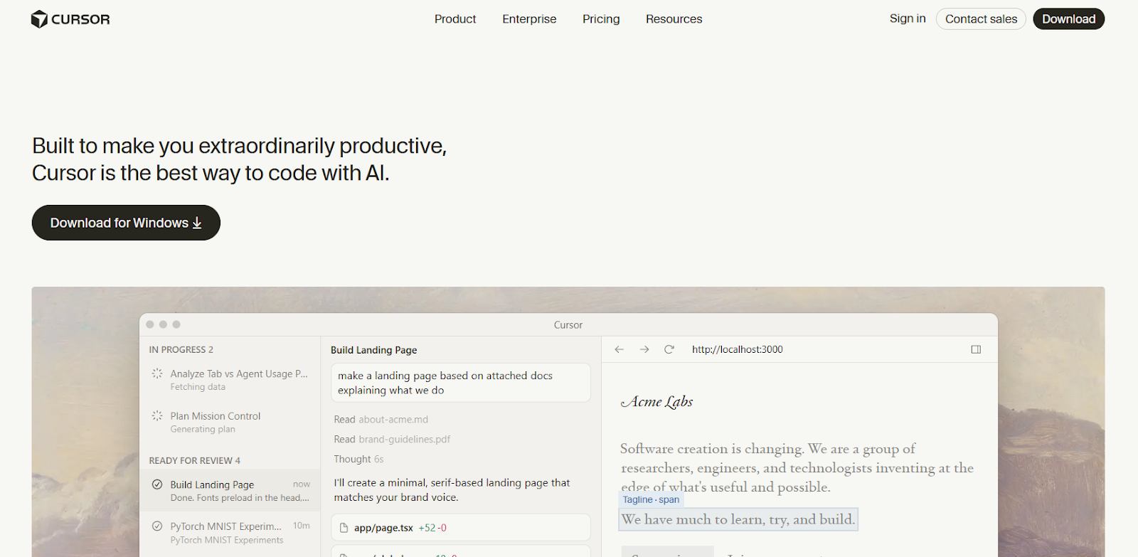 an image showing homepage details of Cursor