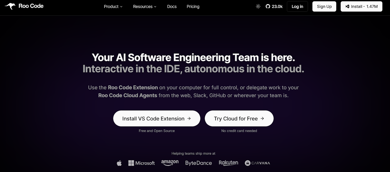 an image showing homepage details of RooCode