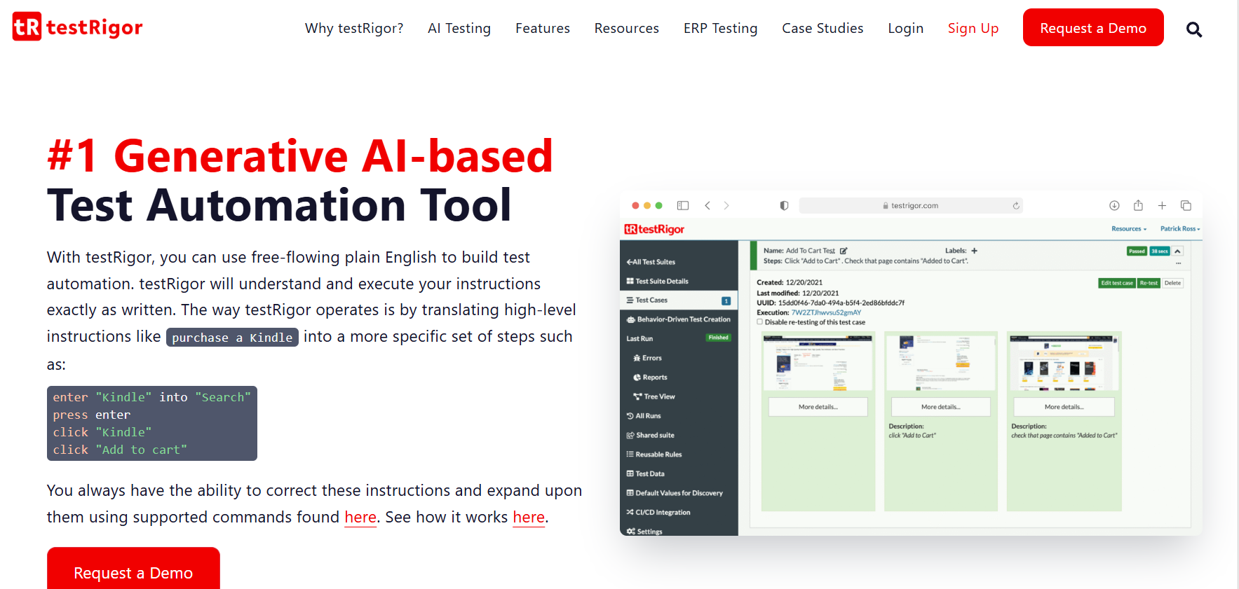 an image showing testRigor homepage details
