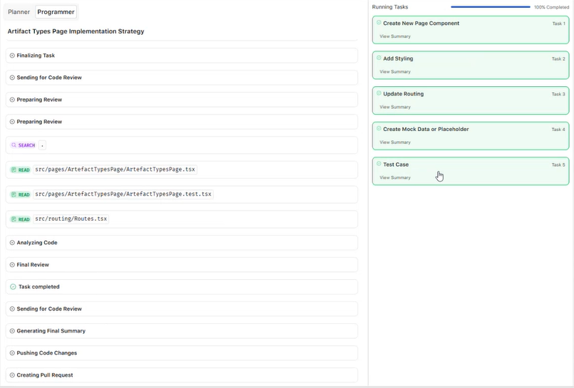 SoftSpell Agent Mode automatically implementing approved code changes, creating a new branch, committing updates, and generating a pull request for review.