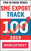 The Sunday Times SME Export Track 100 2019 logo in bold red, blue, and white colors.