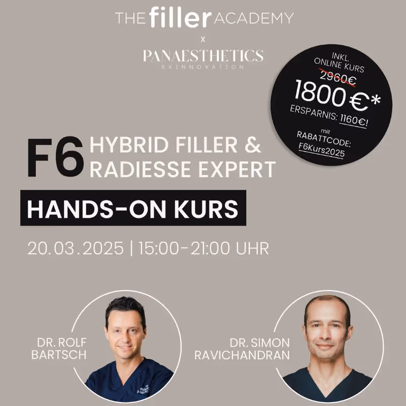 The Filler Academy und Panaesthetics präsentieren exklusiv den F6-Kurs zu Radiesse und Hybrid-Fillern. Unter der Leitung der erfahrenen Trainer Dr. Rolf Bartsch und Dr. Simon Ravichandran erhalten Teilnehmer wertvolle Einblicke und praktische Fähigkeiten für den professionellen Einsatz von Radiesse und Hybrid-Fillern.