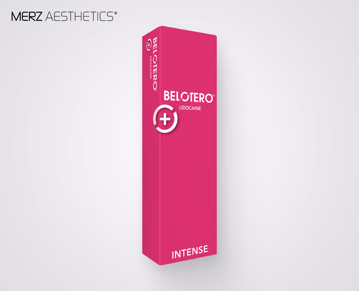 Verpackung des Belotero Intense mit Lidocain von Merz Aesthetics, in kräftigem Pinkton, auf weißem Hintergrund