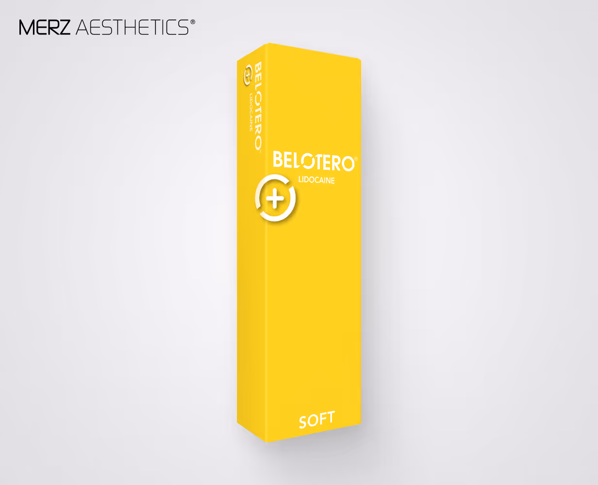 Verpackung des Belotero Soft mit Lidocain von Merz Aesthetics, in leuchtendem Gelbton, auf weißem Hintergrund