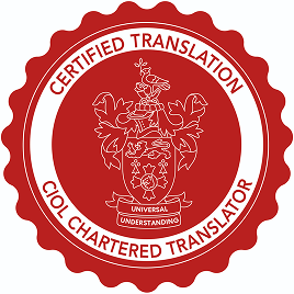 Red circular seal with text Certified Translation and Ciol Chartered Translator around a coat of arms.