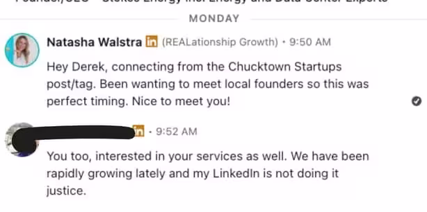 Screenshot of a LinkedIn conversation where a Charleston founder replies that they're interested in Natasha Walstra's services
