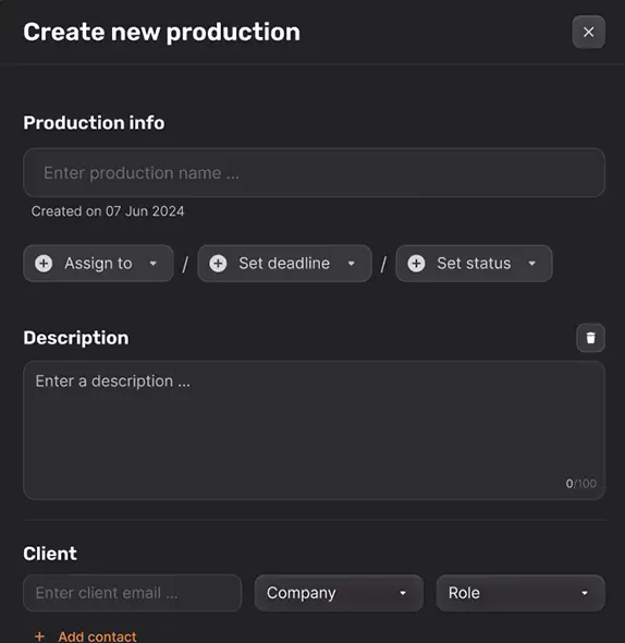 Create new production interface on Graphrs video project management tool used for Frankfurt video shoots