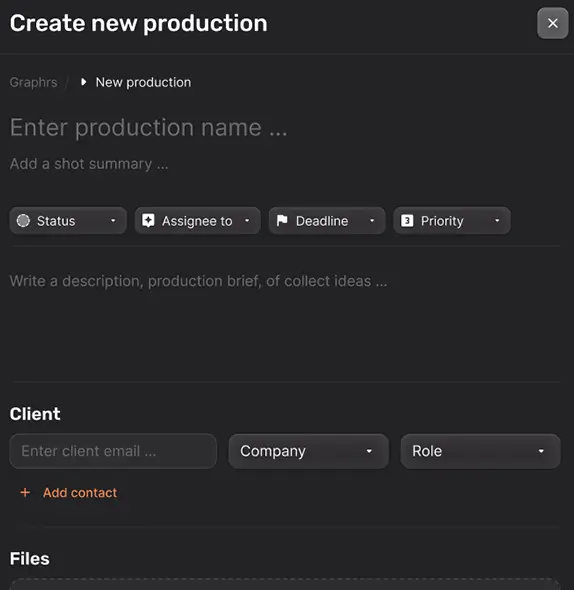 Graphrs project creation interface showing deadline, client, and task input fields for streamlined video production