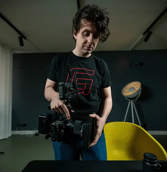 Close-up of a professional video camera rig with monitor and matte box during a production in Munich
