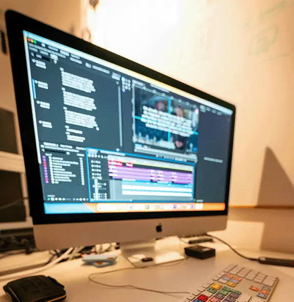 Monitor showing a video editing timeline for a creative ad production in a studio workspace in Munich