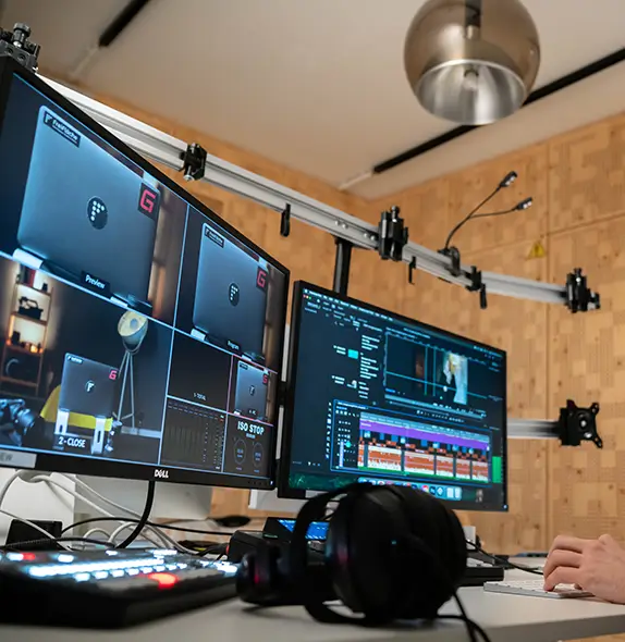 Modern desk with computer running Graphrs’ centralized project management platform for video production in Hamburg