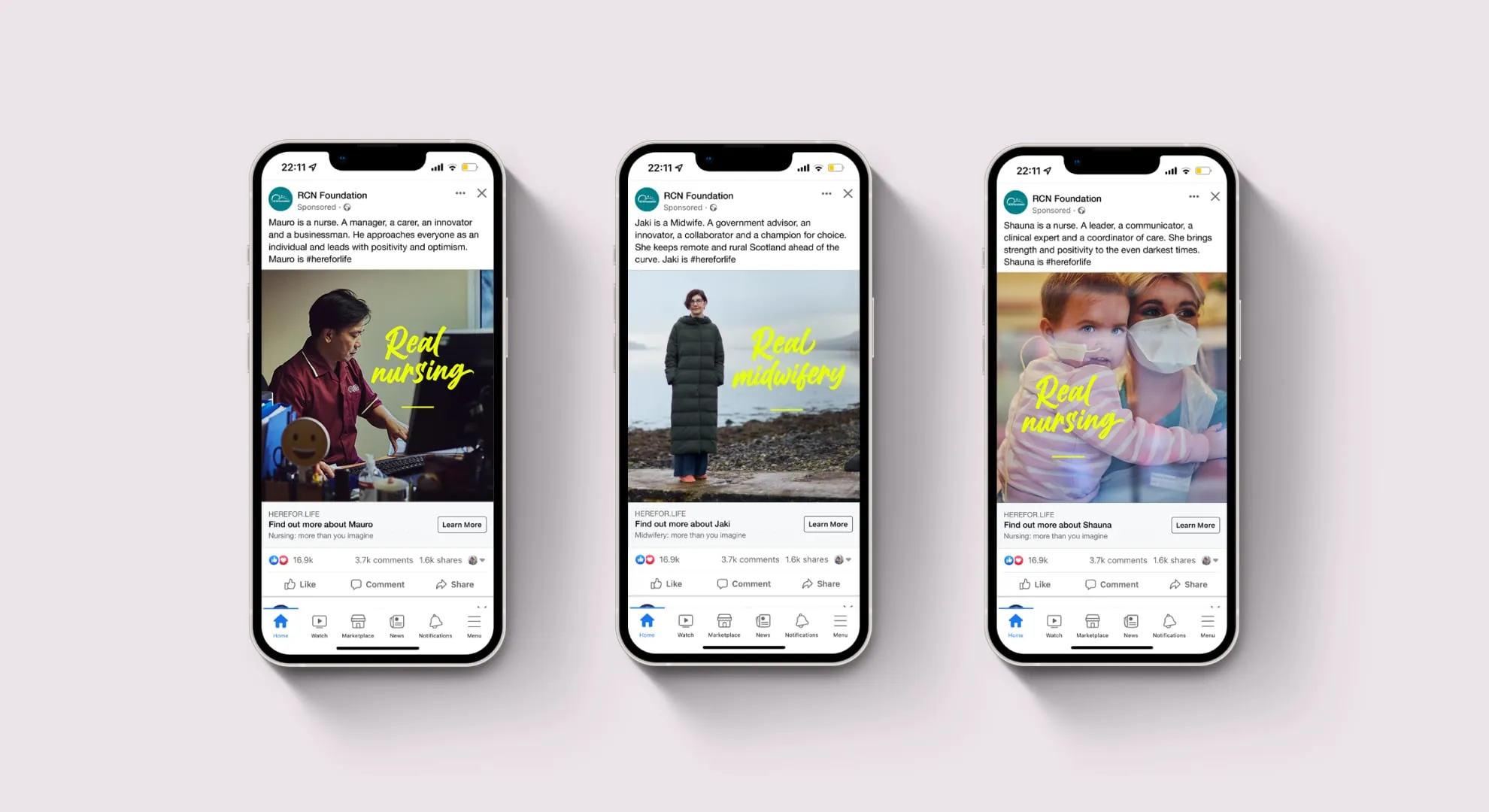 Three phones showing social media screens displaying the Real Nursing campaign