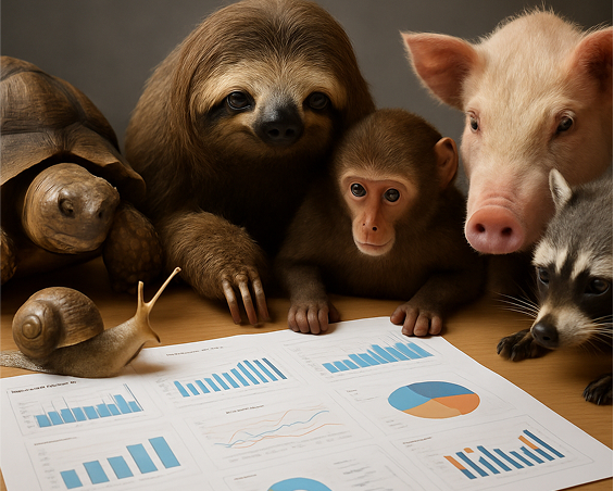 A group of animals seeing worried a data chart document on a table