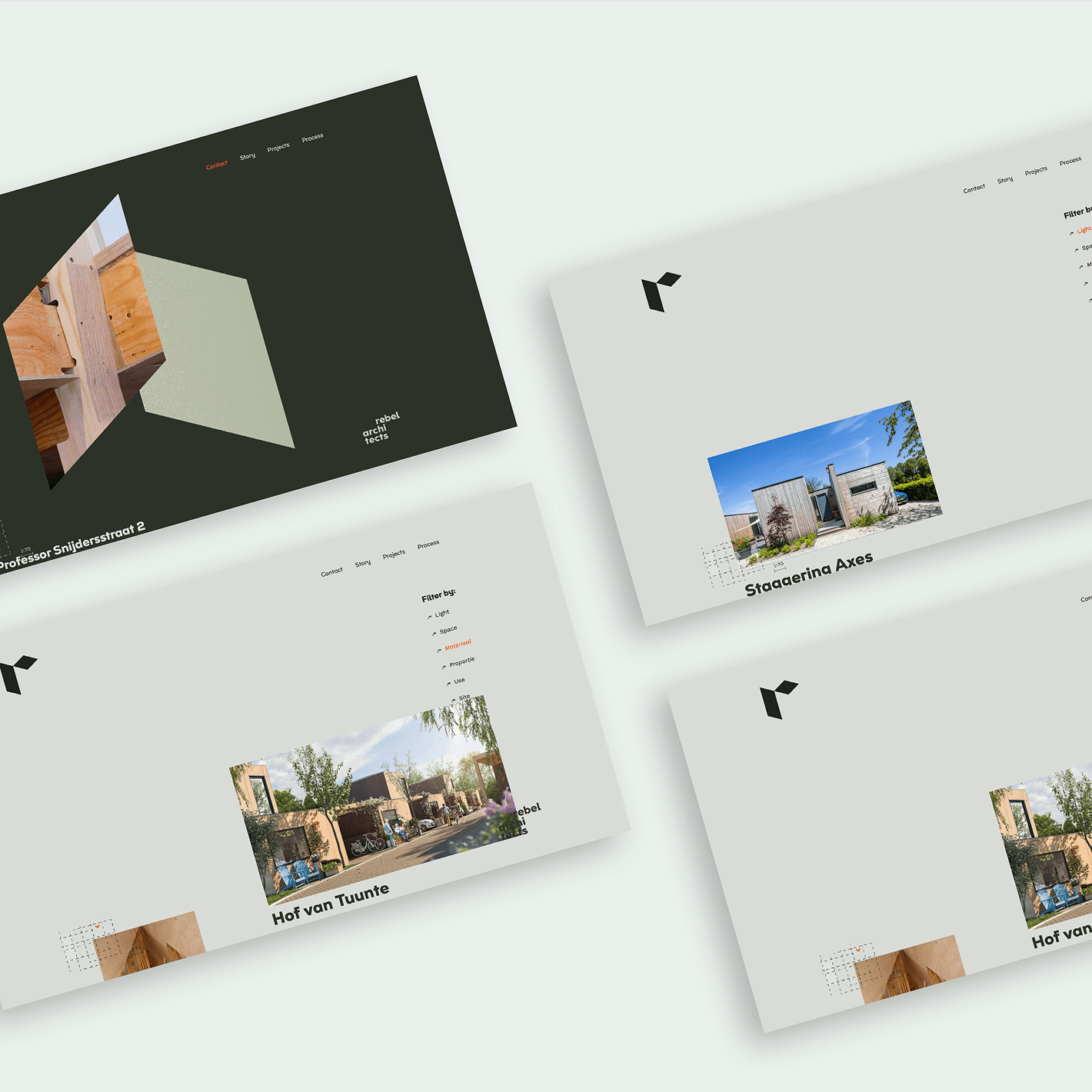 Verschillende schermafbeeldingen van pagina's van de website van Rebel Architects ontworpen en gebouwd door Studio Piraat.