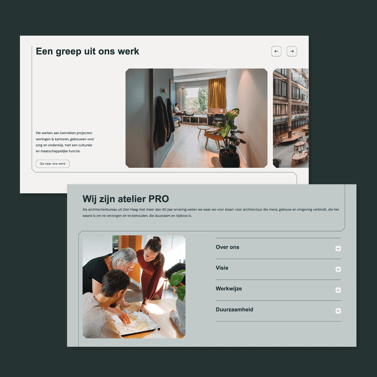 Twee schermafbeeldingen van twee pagina's op de website van atelier PRO ontworpen en gebouwd door Studio Piraat.