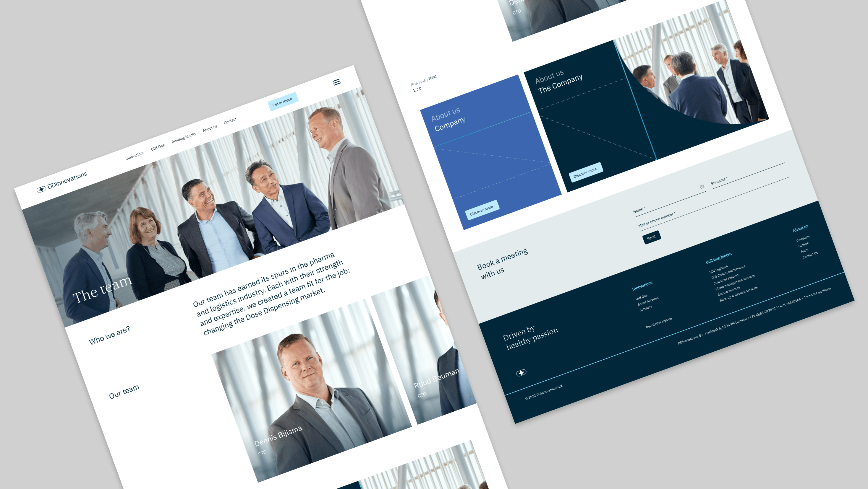 Schermafbeeldingen van verschillende pagina's van de website van DDInnovations ontworpen door Studio Piraat.