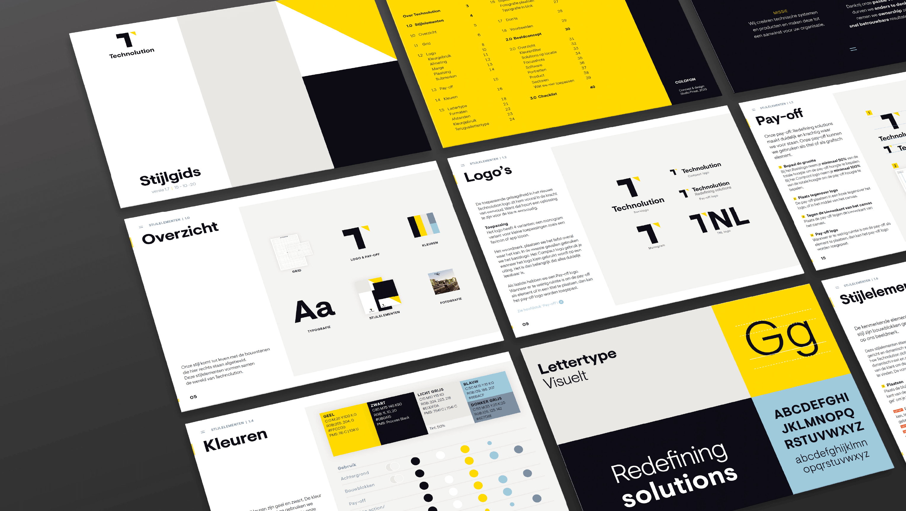 Verschillende pagina's uit het huisstijlhandboek van Technolution ontworpen door Studio Piraat.