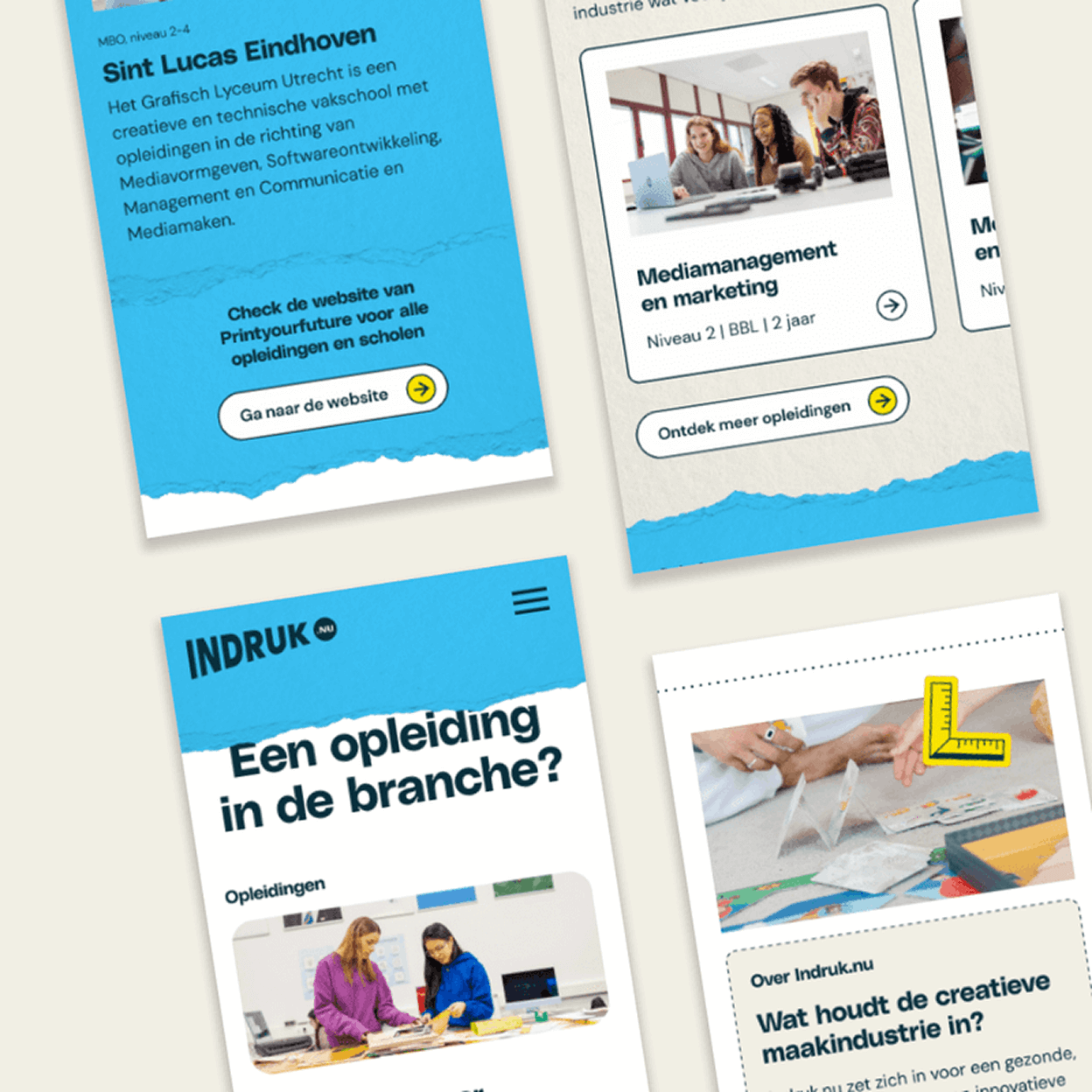 Verschillende schermafbeeldingen van de website van Indruk.nu ontworpen door Studio Piraat.