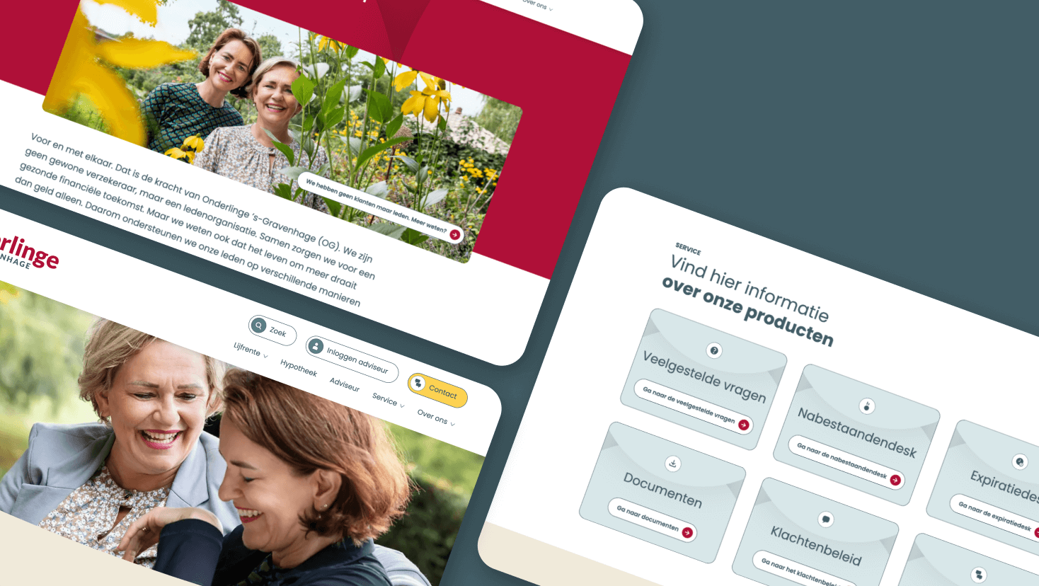 Verschillende schermafbeeldingen van pagina's van de website van Onderlinge 's-Gravenhage ontworpen door Studio Piraat.