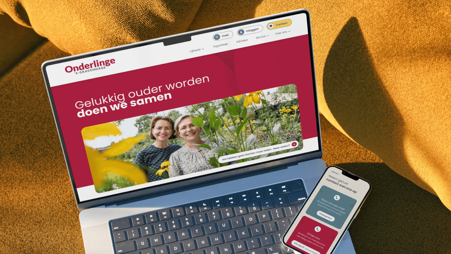 De homepage van de website van Onderlinge 's-Gravenhage ontworpen door Studio Piraat.
