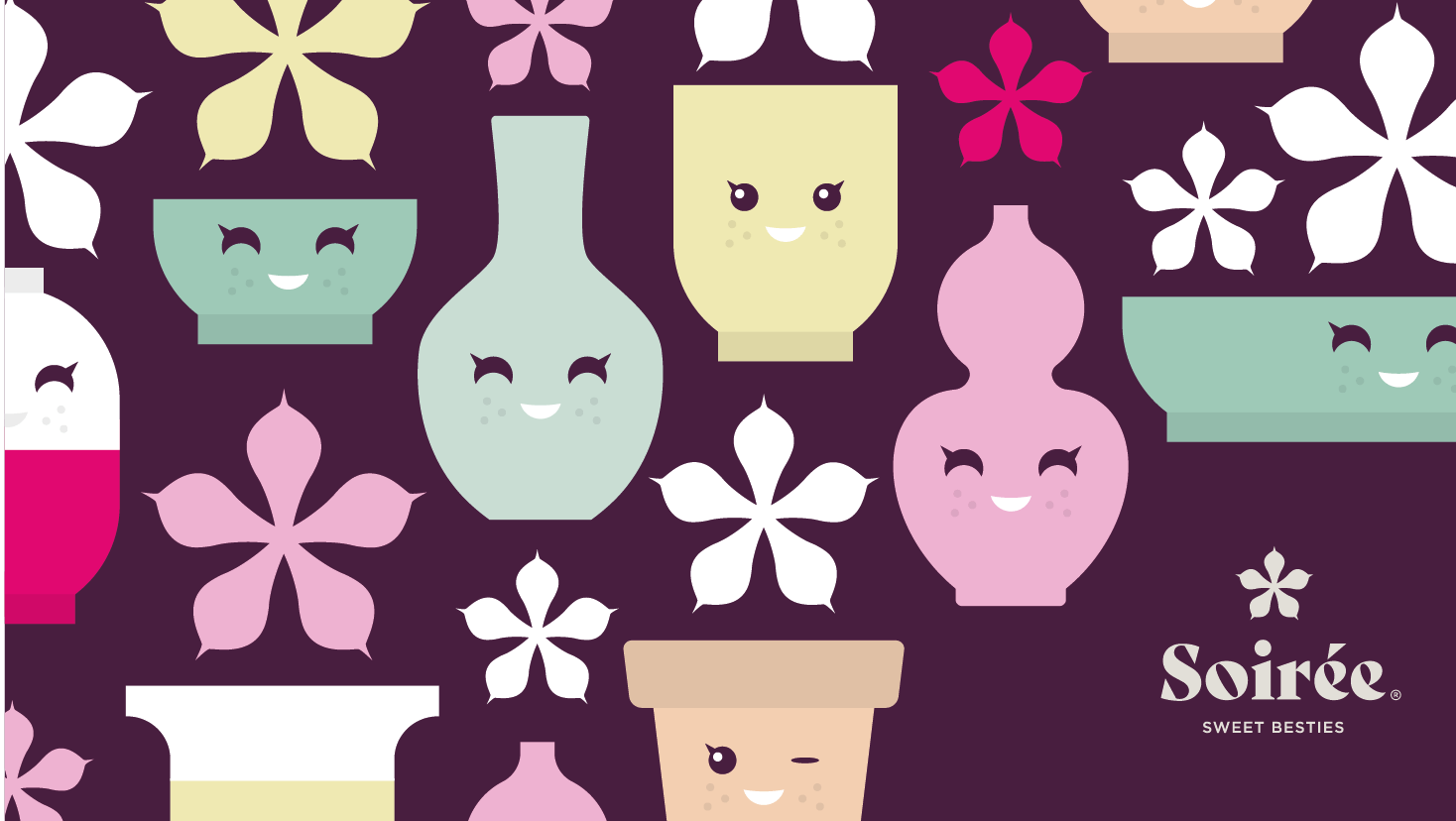 Een illustratie van verschillende vasen en potjes in de stijl van Soirée ontworpen door Studio Piraat.