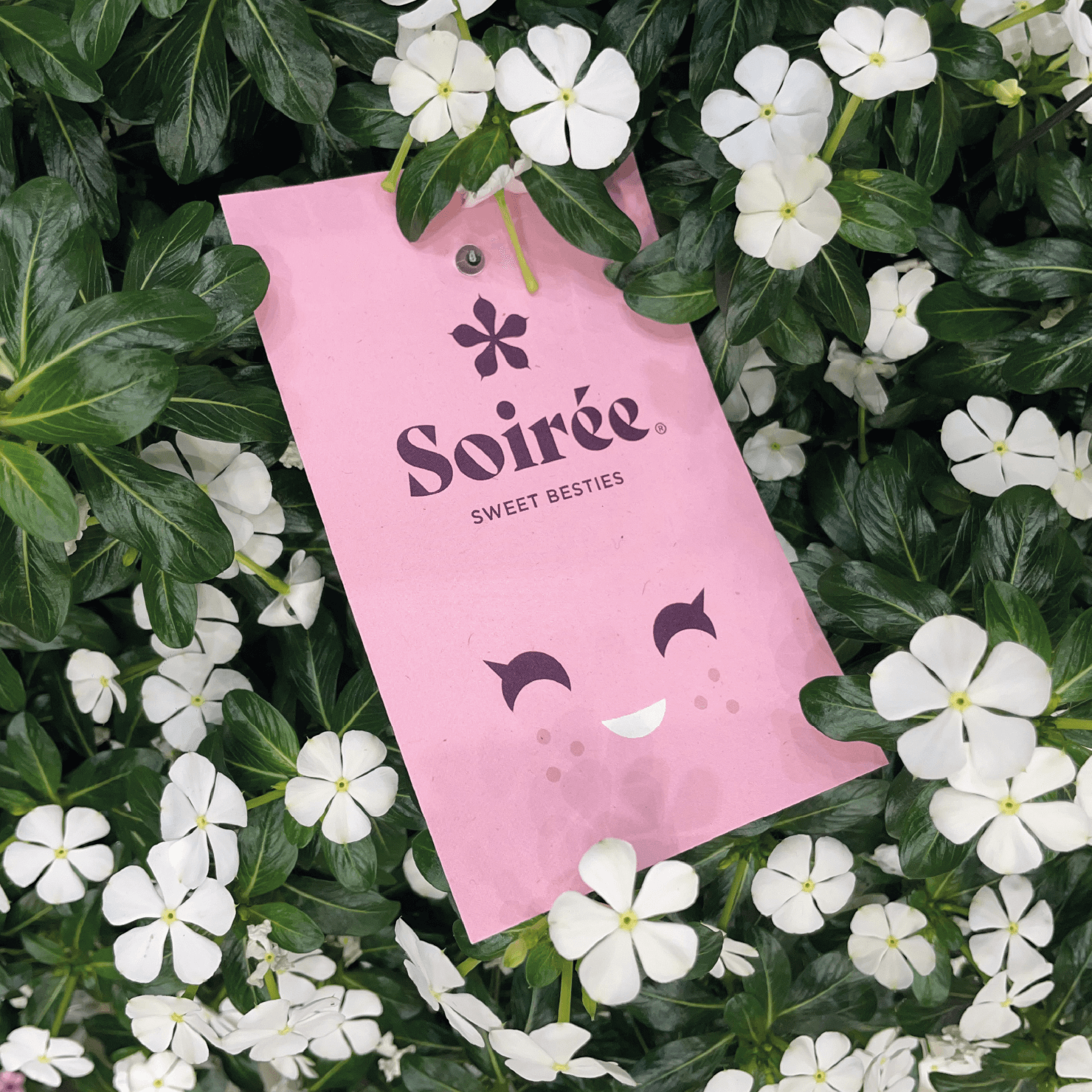 Een kaartje van Soirée tussen bloemen.